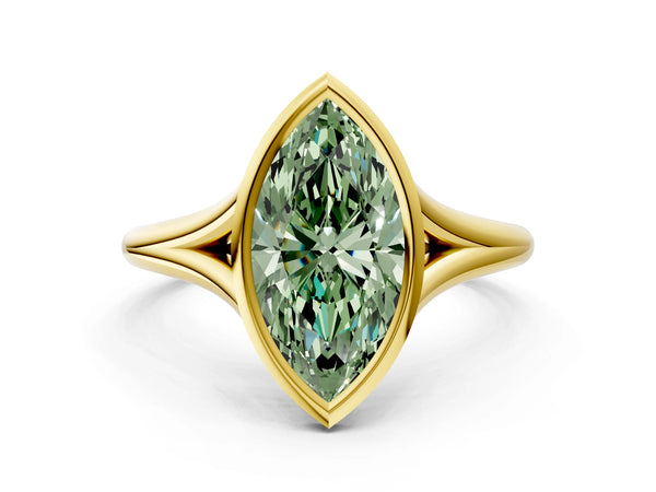Yellow gold Bezel Set Fancy Green Marquise  Cut Solitaire Ring with Tapered Band