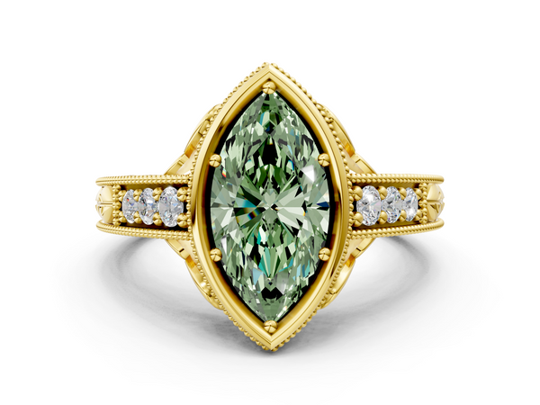 Yellow gold Bezel Set Fancy Green Marquise  Diamond Milgrain Pave Engagement Ring