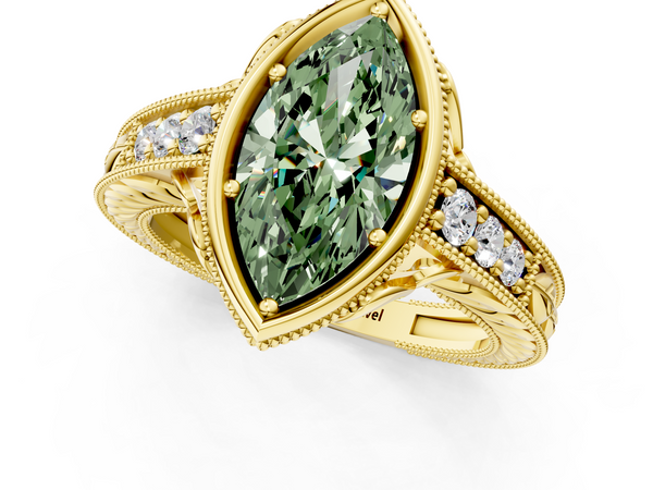 Yellow gold Bezel Set Fancy Green Marquise  Diamond Milgrain Pave Engagement Ring