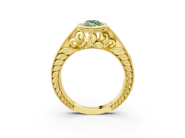 Yellow gold Bezel Set Fancy Green Marquise  Diamond Milgrain Pave Engagement Ring