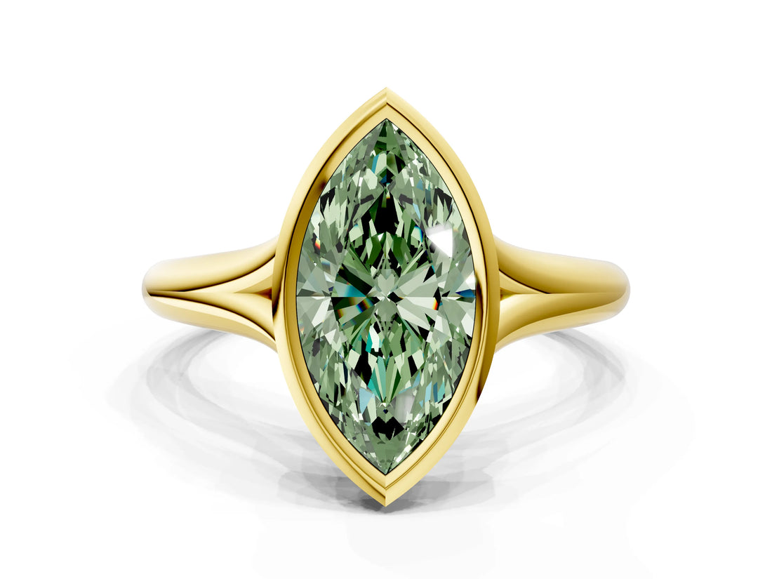 Yellow gold Bezel Set Fancy Green Marquise  Solitaire Diamond Ring with Smooth Band 1