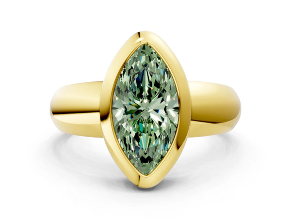 Yellow gold Bezel Set Fancy Green Marquise  Solitaire Ring with Wide Band