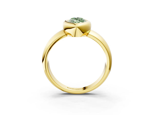 Yellow gold Bezel Set Fancy Green Marquise  Solitaire Ring with Wide Band