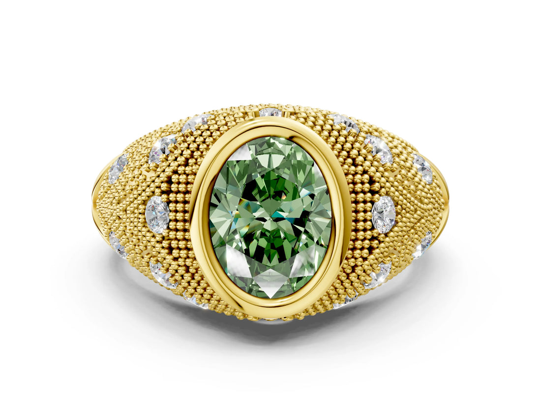 Yellow gold Bezel Set Fancy Green Oval Cut Diamond Milgrain Band Ring