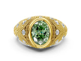 Yellow gold Bezel Set Fancy Green Oval Cut Diamond Milgrain Band Ring
