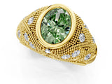 Yellow gold Bezel Set Fancy Green Oval Cut Diamond Milgrain Band Ring_1