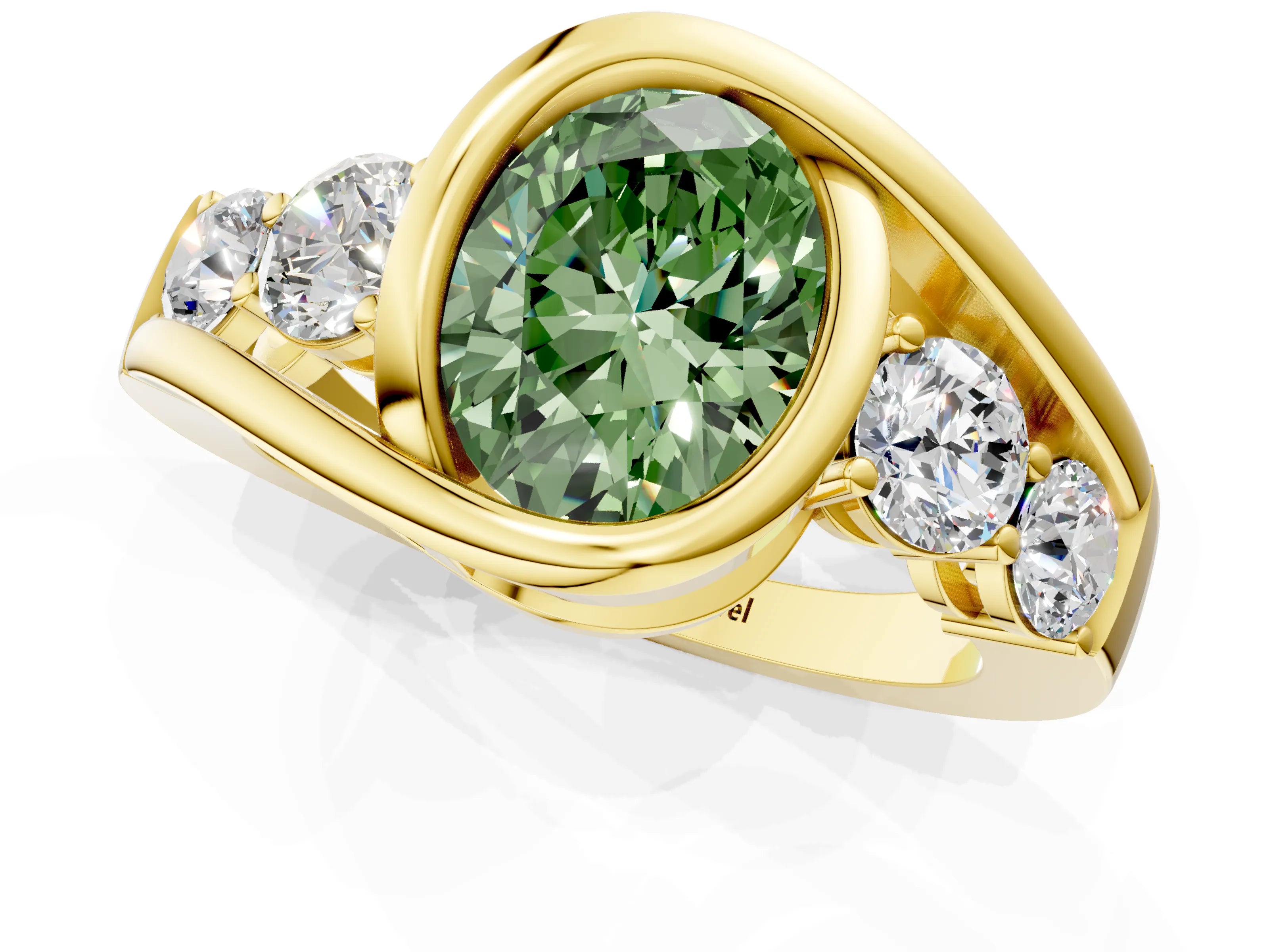 Yellow gold Bezel Set Fancy Green Oval Cut Diamond Split Shank Ring_1