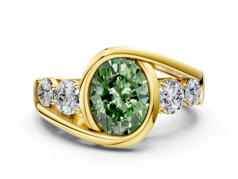 Yellow gold Bezel Set Fancy Green Oval Cut Diamond Split Shank Ring