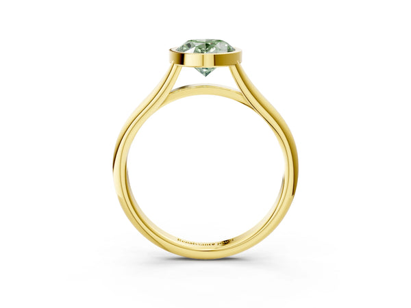 Yellow gold Bezel Set Fancy Green Oval  Cut Solitaire Ring with Tapered Band