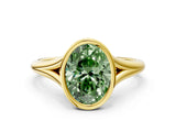 Yellow gold Bezel Set Fancy Green Oval  Cut Solitaire Ring with Tapered Band