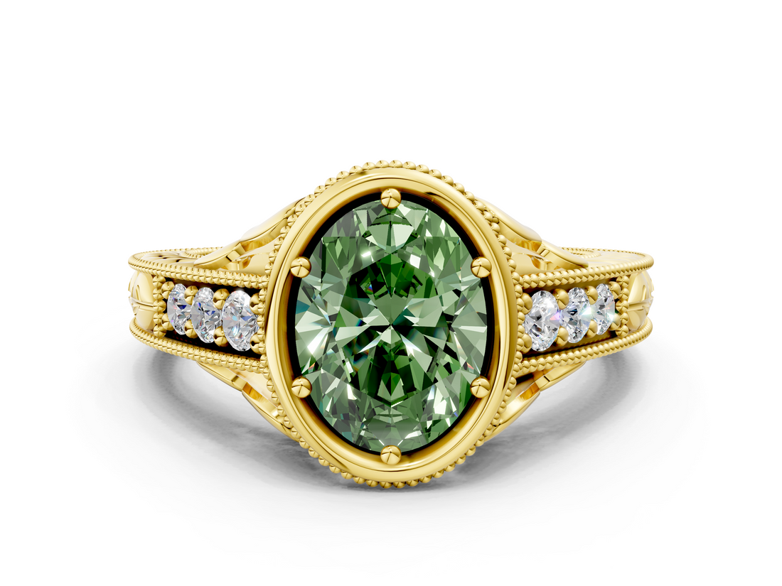 Yellow gold Bezel Set Fancy Green Oval  Diamond Milgrain Pave Engagement Ring_33