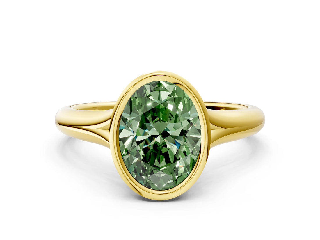 Yellow gold Bezel Set Fancy Green Oval  Solitaire Diamond Ring with Smooth Band 1