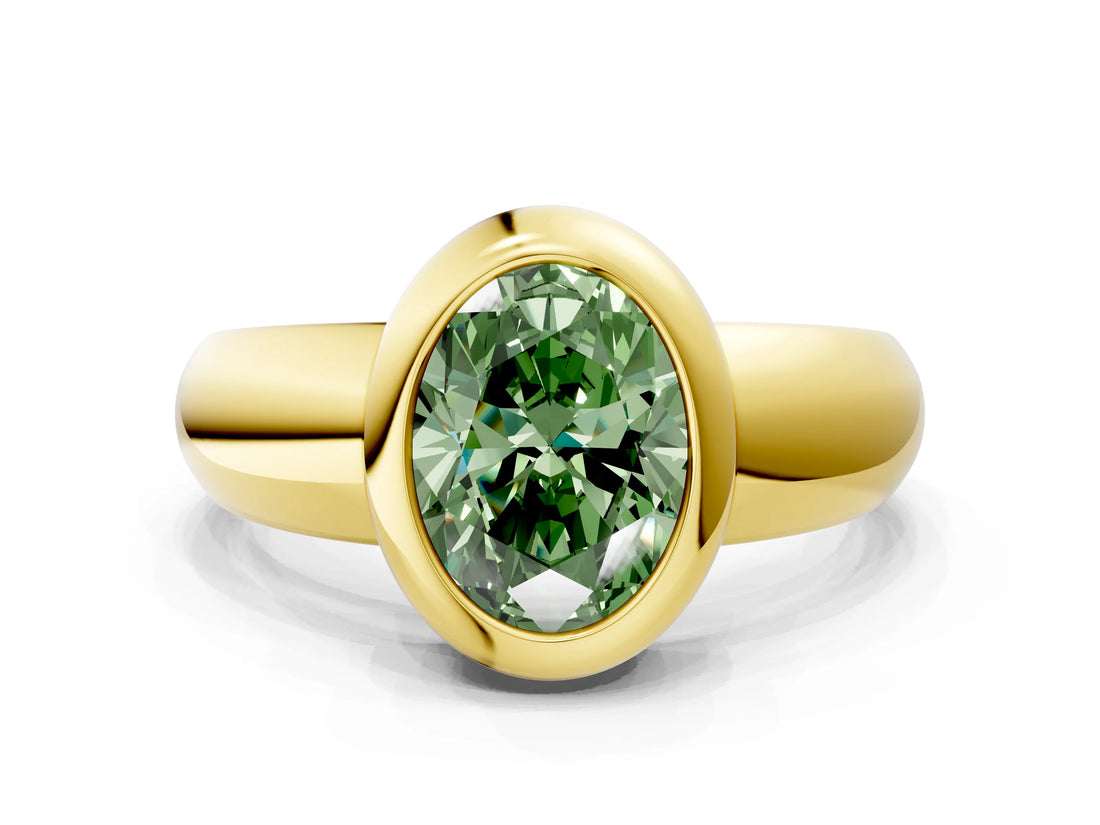Yellow gold Bezel Set Fancy Green Oval  Solitaire Ring with Wide Band