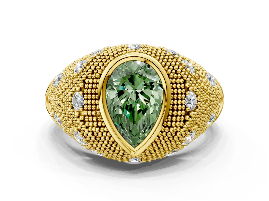Yellow gold Bezel Set Fancy Green Pear Cut Diamond Milgrain Band Ring