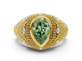 Yellow gold Bezel Set Fancy Green Pear Cut Diamond Milgrain Band Ring