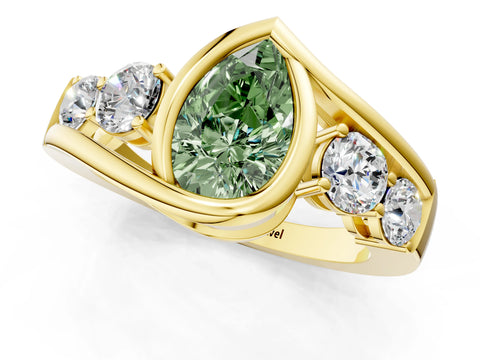 Yellow gold Bezel Set Fancy Green Pear Cut Diamond Split Shank Ring_1