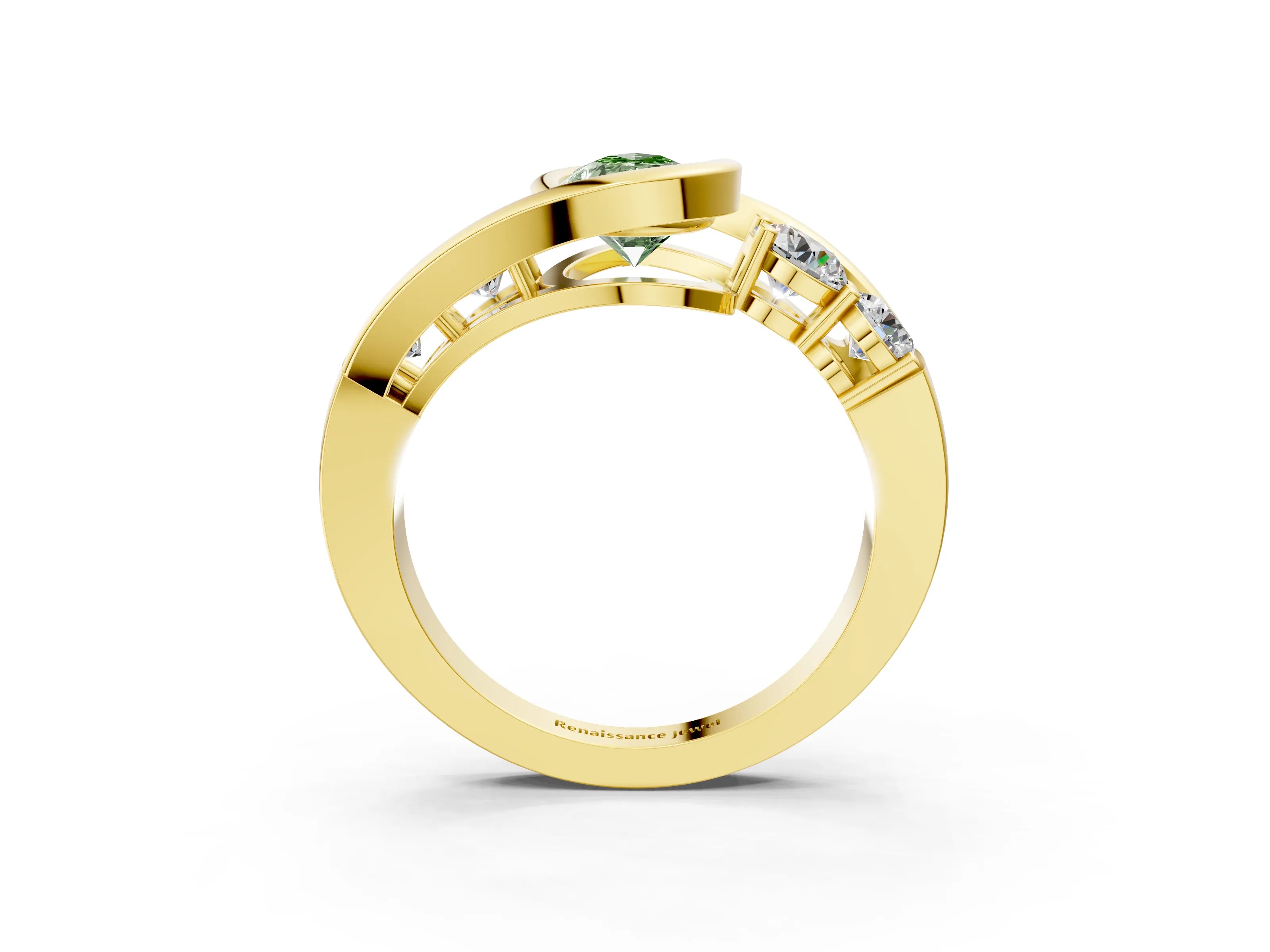 Yellow gold Bezel Set Fancy Green Pear Cut Diamond Split Shank Ring_3