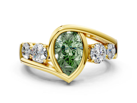 Yellow gold Bezel Set Fancy Green Pear Cut Diamond Split Shank Ring