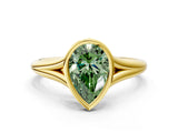 Yellow gold Bezel Set Fancy Green Pear  Cut Solitaire Ring with Tapered Band 1
