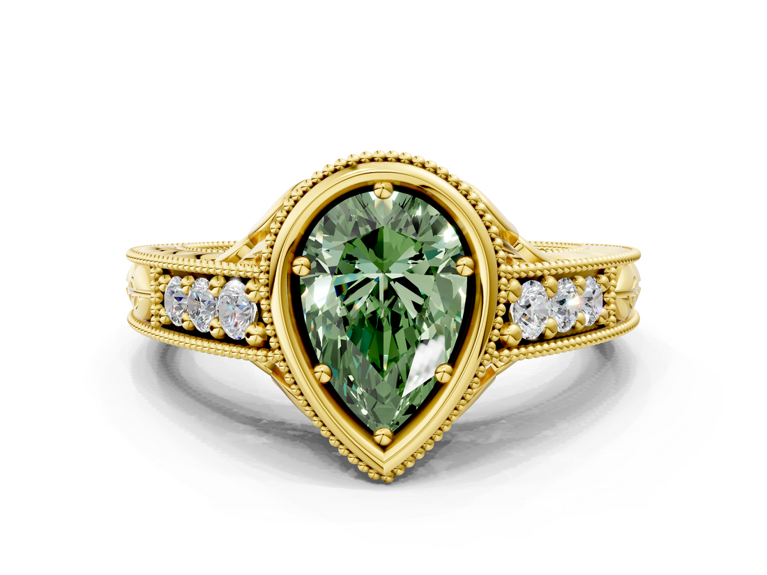 Yellow gold Bezel Set Fancy Green Pear  Diamond Milgrain Pave Engagement Ring_33
