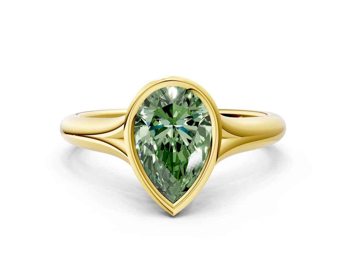Yellow gold Bezel Set Fancy Green Pear  Solitaire Diamond Ring with Smooth Band 1
