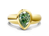 Yellow gold Bezel Set Fancy Green Pear  Solitaire Ring with Wide Band 1