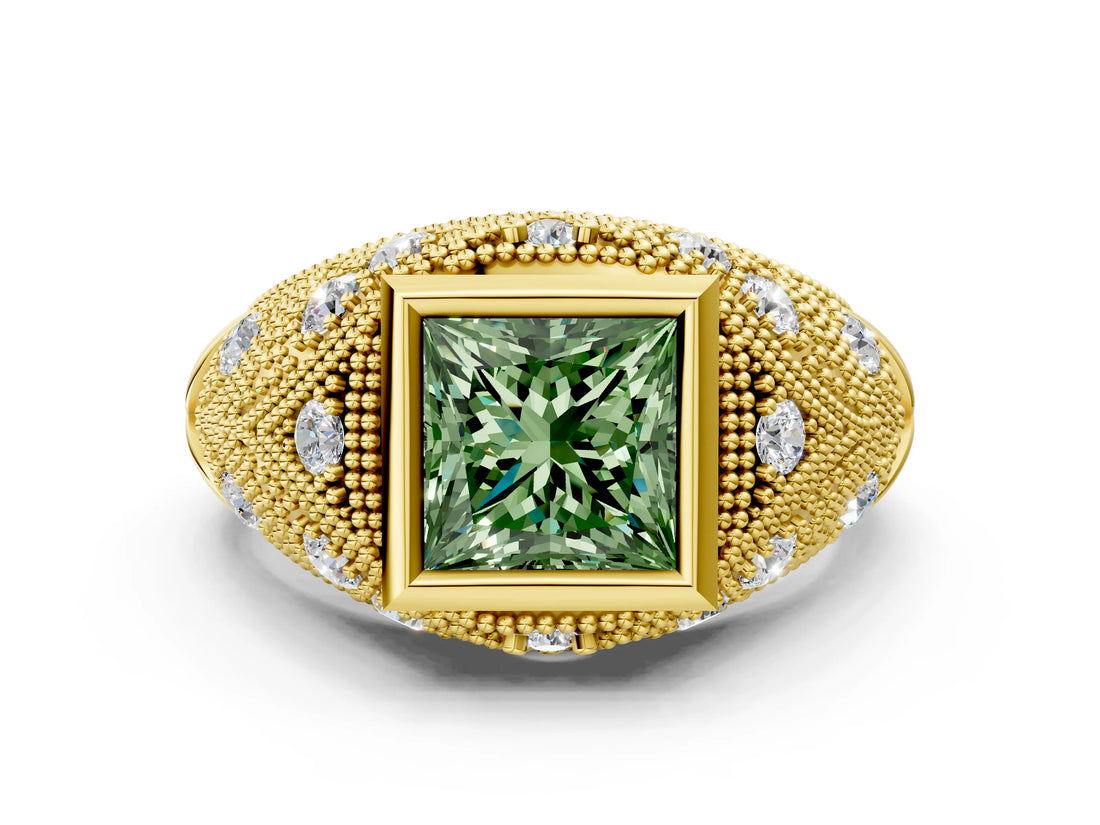 Yellow gold Bezel Set Fancy Green Princess Cut Diamond Milgrain Band Ring