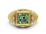 Yellow gold Bezel Set Fancy Green Princess Cut Diamond Milgrain Band Ring