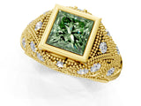 Yellow gold Bezel Set Fancy Green Princess Cut Diamond Milgrain Band Ring_1