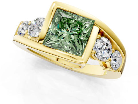 Yellow gold Bezel Set Fancy Green Princess Cut Diamond Split Shank Ring_1