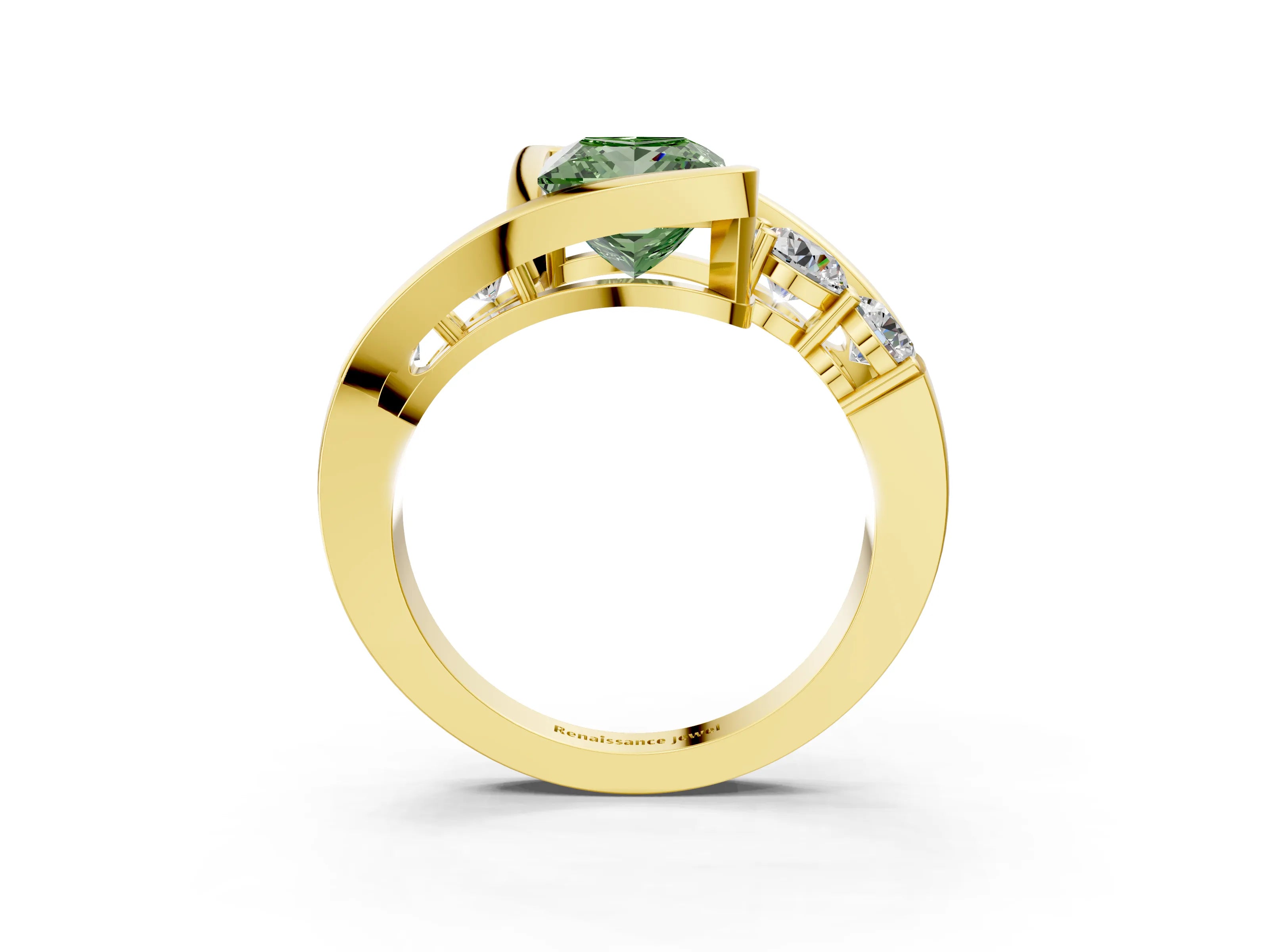 Yellow gold Bezel Set Fancy Green Princess Cut Diamond Split Shank Ring_3