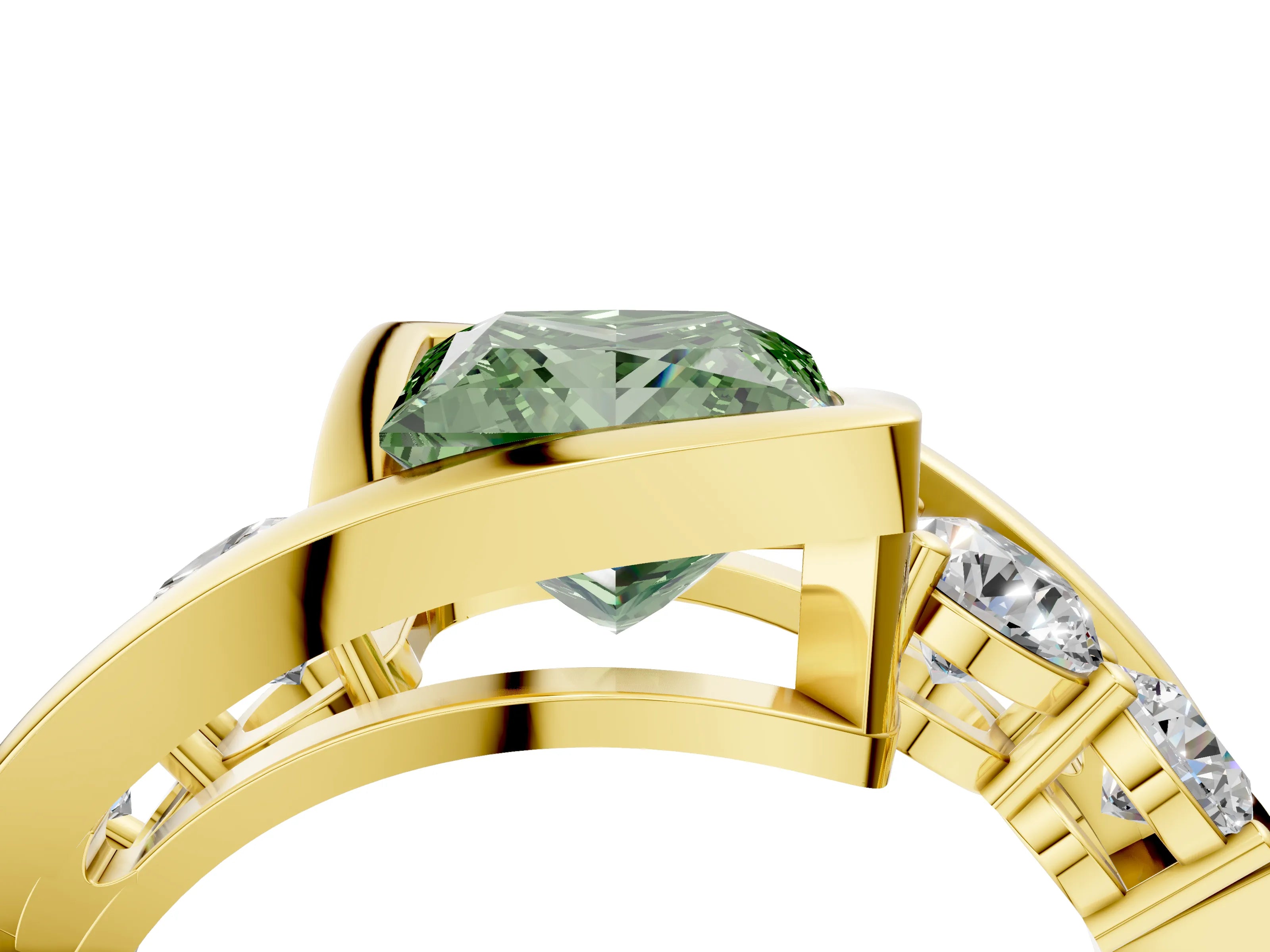 Yellow gold Bezel Set Fancy Green Princess Cut Diamond Split Shank Ring_4