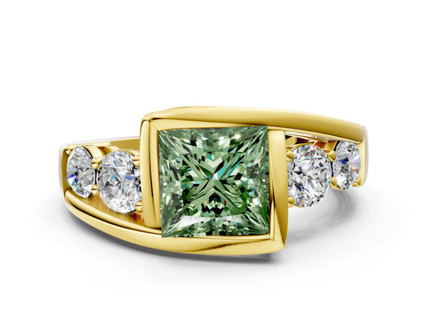 Yellow gold Bezel Set Fancy Green Princess Cut Diamond Split Shank Ring