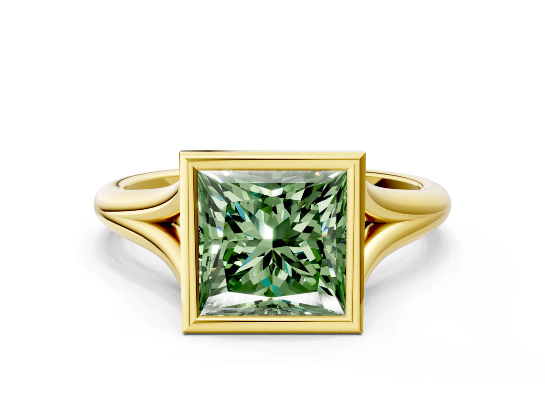 Yellow gold Bezel Set Fancy Green Princess  Cut Solitaire Ring with Tapered Band 1