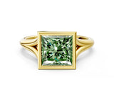 Yellow gold Bezel Set Fancy Green Princess  Cut Solitaire Ring with Tapered Band 1