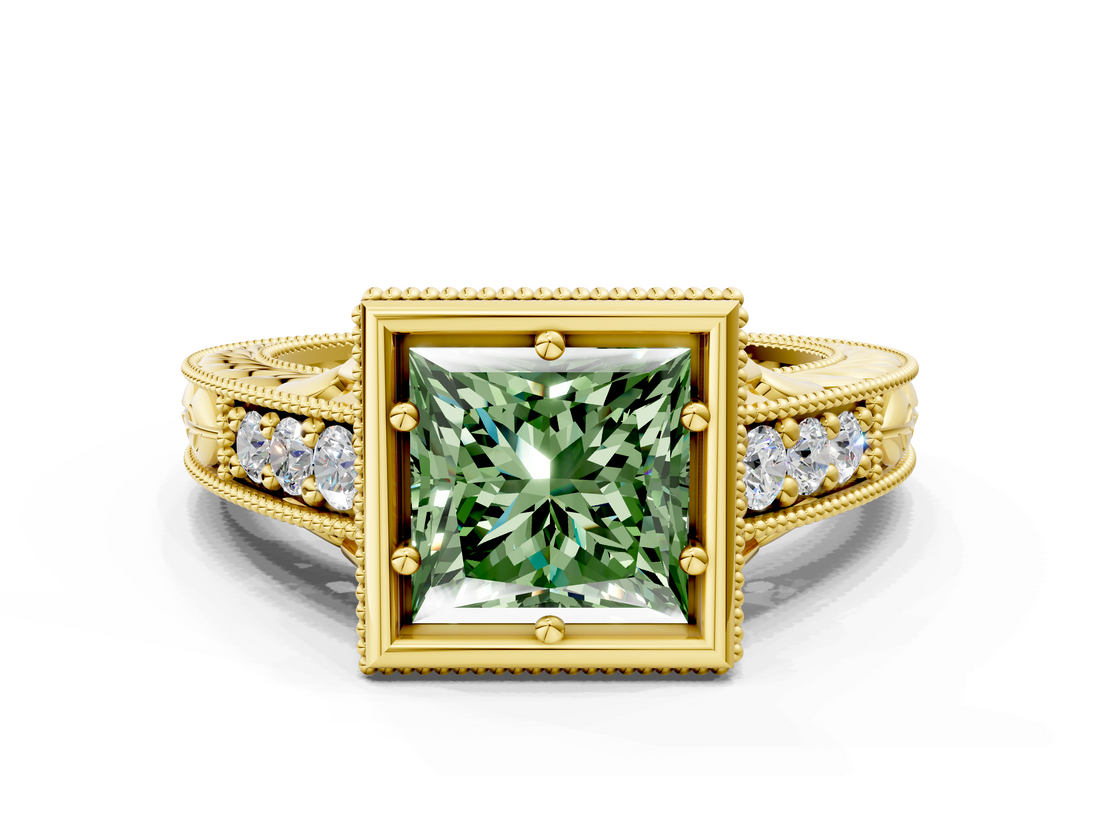 Yellow gold Bezel Set Fancy Green Princess  Diamond Milgrain Pave Engagement Ring