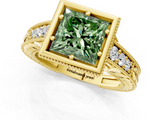 Yellow gold Bezel Set Fancy Green Princess  Diamond Milgrain Pave Engagement Ring_1