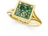 Yellow gold Bezel Set Fancy Green Princess  Solitaire Diamond Ring with Smooth Band 1
