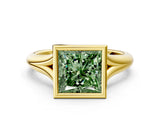 Yellow gold Bezel Set Fancy Green Princess  Solitaire Diamond Ring with Smooth Band