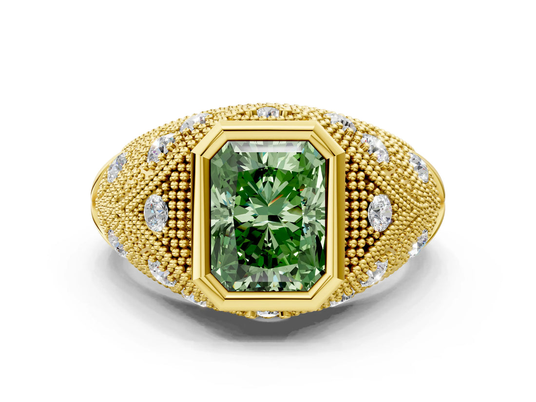 Yellow gold Bezel Set Fancy Green Radiant Cut Diamond Milgrain Band Ring