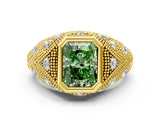 Yellow gold Bezel Set Fancy Green Radiant Cut Diamond Milgrain Band Ring