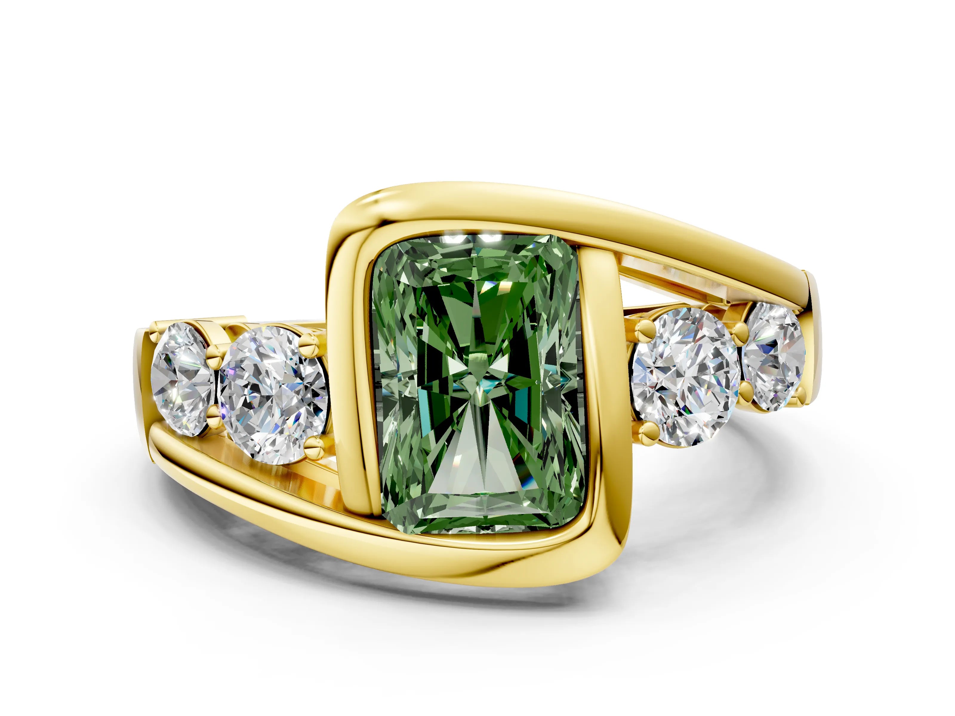 Yellow gold Bezel Set Fancy Green Radiant Cut Diamond Split Shank Ring