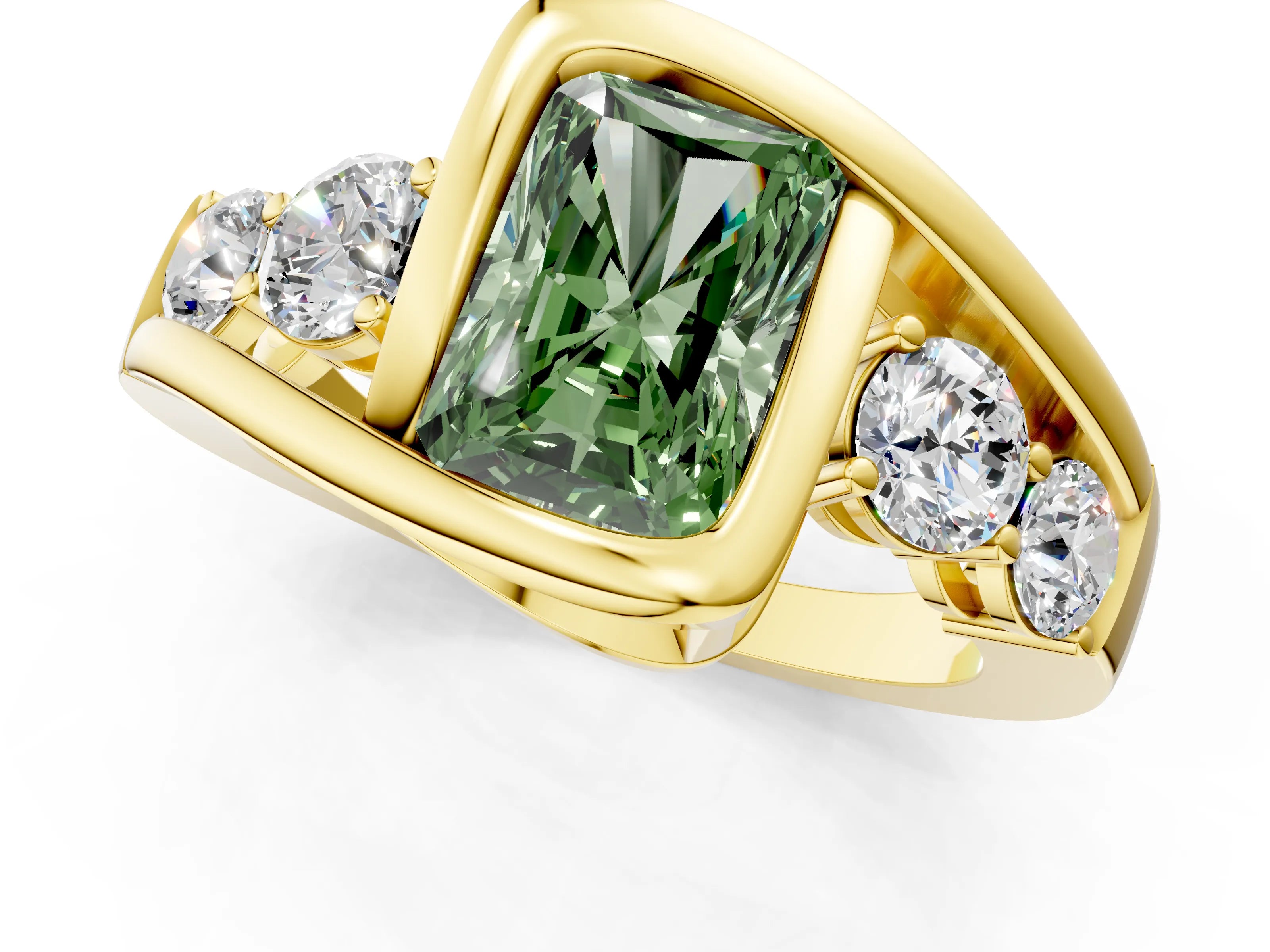 Yellow gold Bezel Set Fancy Green Radiant Cut Diamond Split Shank Ring_1