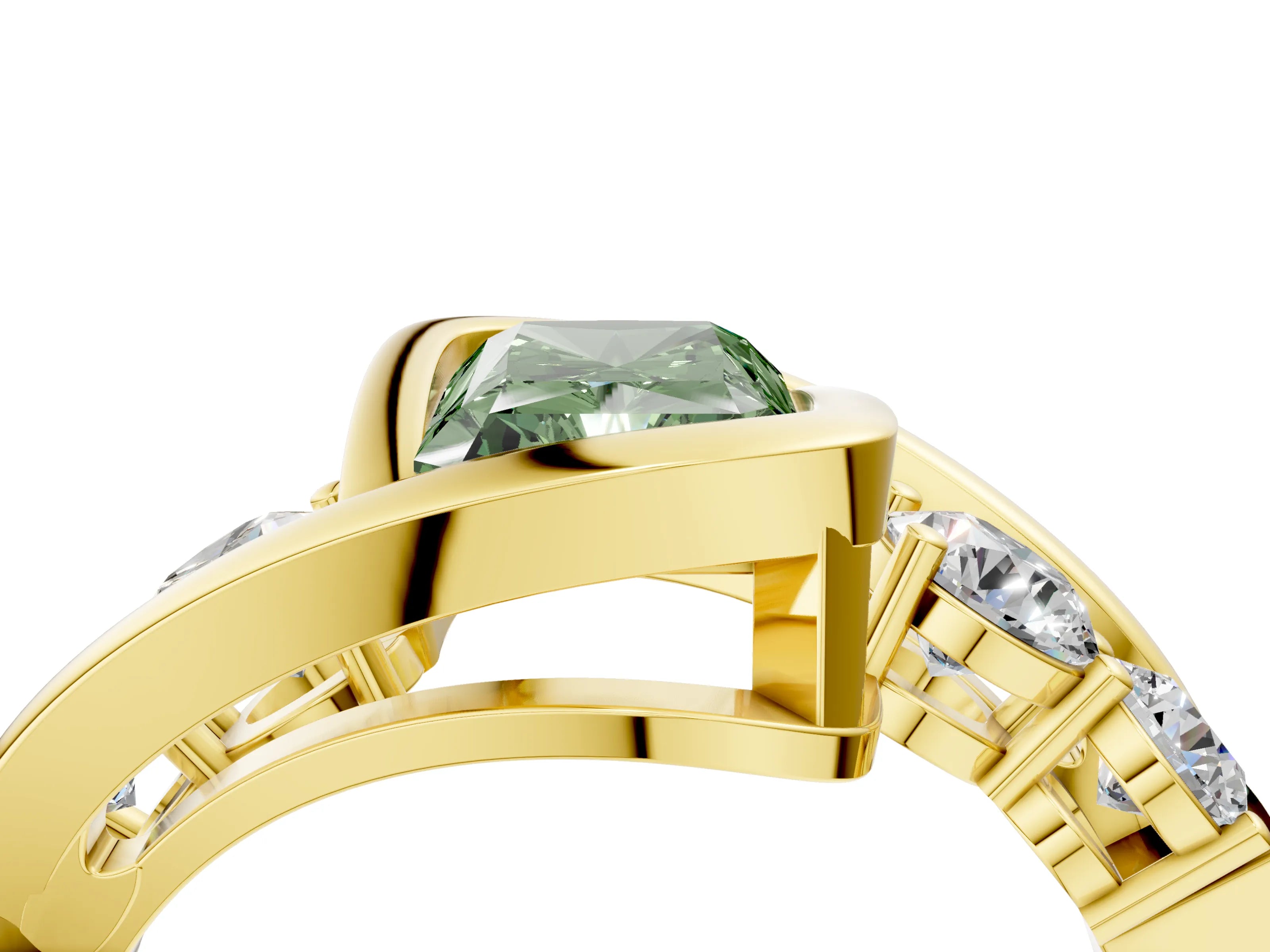 Yellow gold Bezel Set Fancy Green Radiant Cut Diamond Split Shank Ring_4