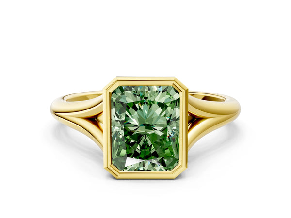 Yellow gold Bezel Set Fancy Green Radiant  Cut Solitaire Ring with Tapered Band
