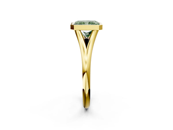 Yellow gold Bezel Set Fancy Green Radiant  Cut Solitaire Ring with Tapered Band