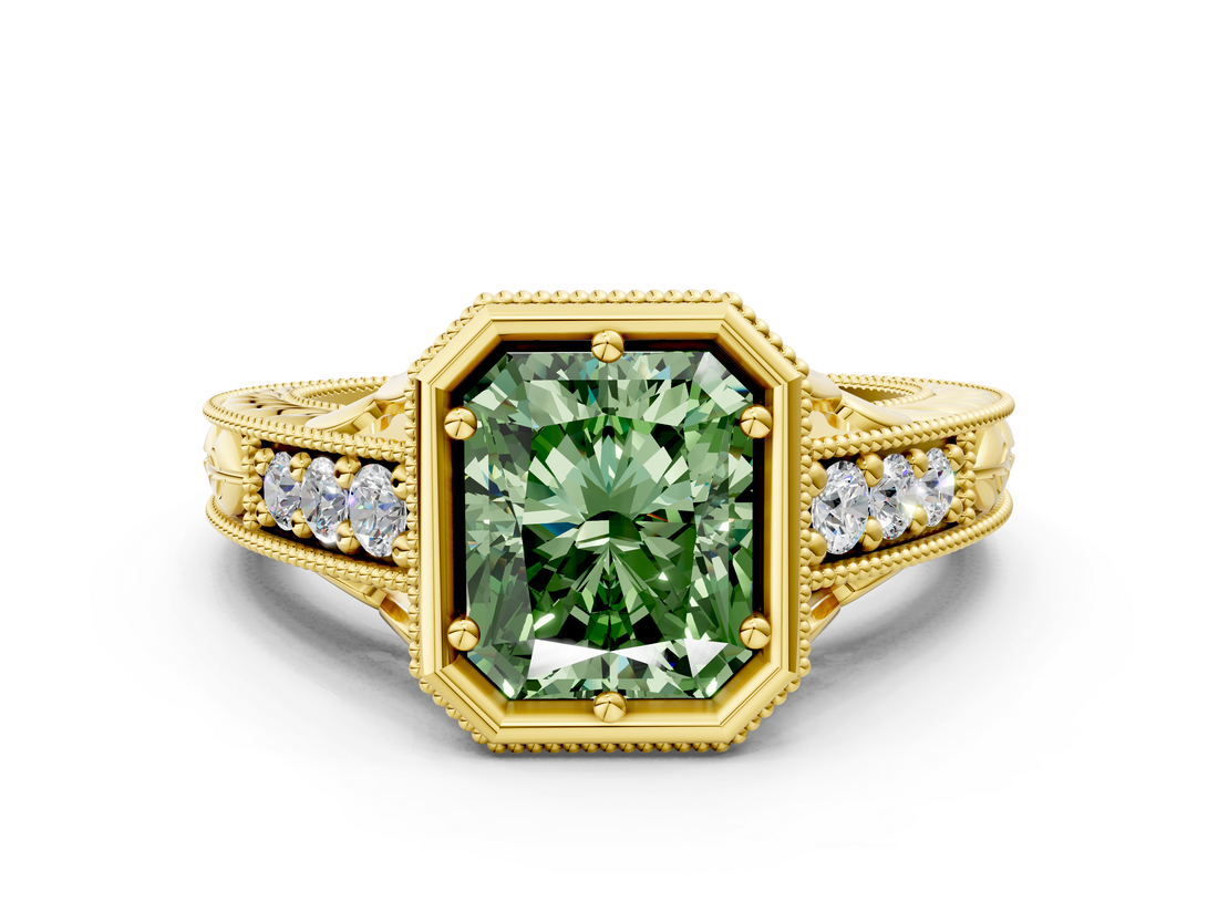 Yellow gold Bezel Set Fancy Green Radiant  Diamond Milgrain Pave Engagement Ring_33