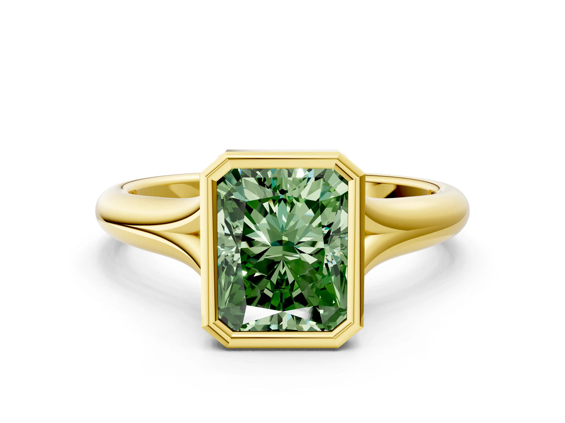 Yellow gold Bezel Set Fancy Green Radiant  Solitaire Diamond Ring with Smooth Band 1