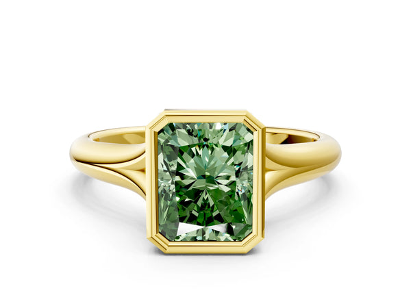 Yellow gold Bezel Set Fancy Green Radiant  Solitaire Diamond Ring with Smooth Band