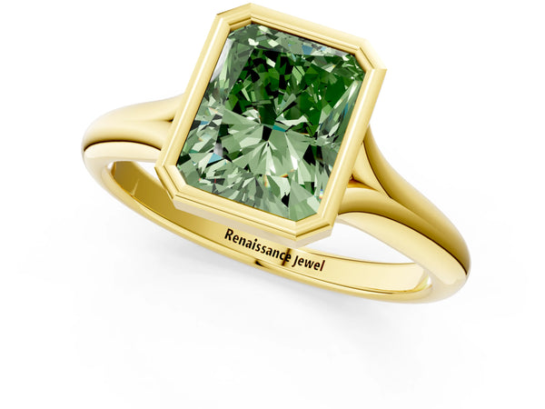 Yellow gold Bezel Set Fancy Green Radiant  Solitaire Diamond Ring with Smooth Band